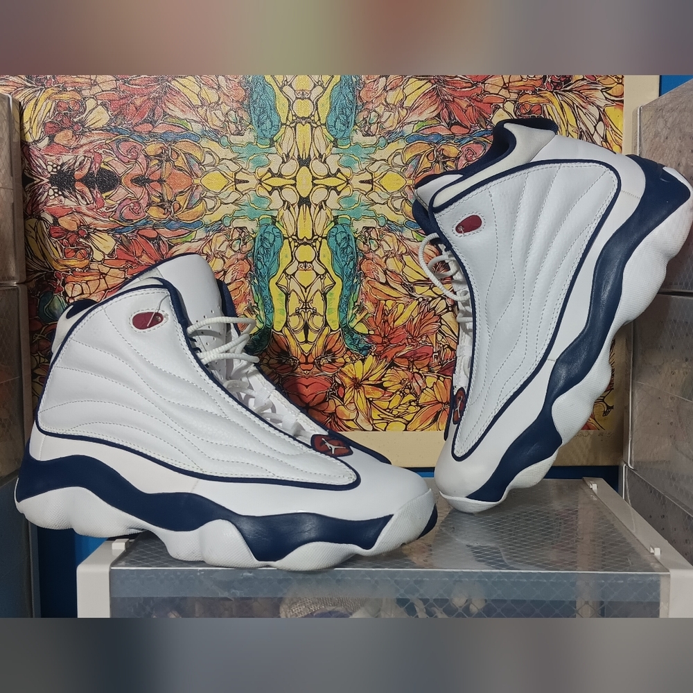White and Navy Jordan Retro Basketball Sneakers